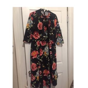 Black floral dress with pussy bow
